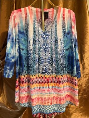 French Blue Multicolor V-Neck Printed Tunic - Blue, Pink, Coral